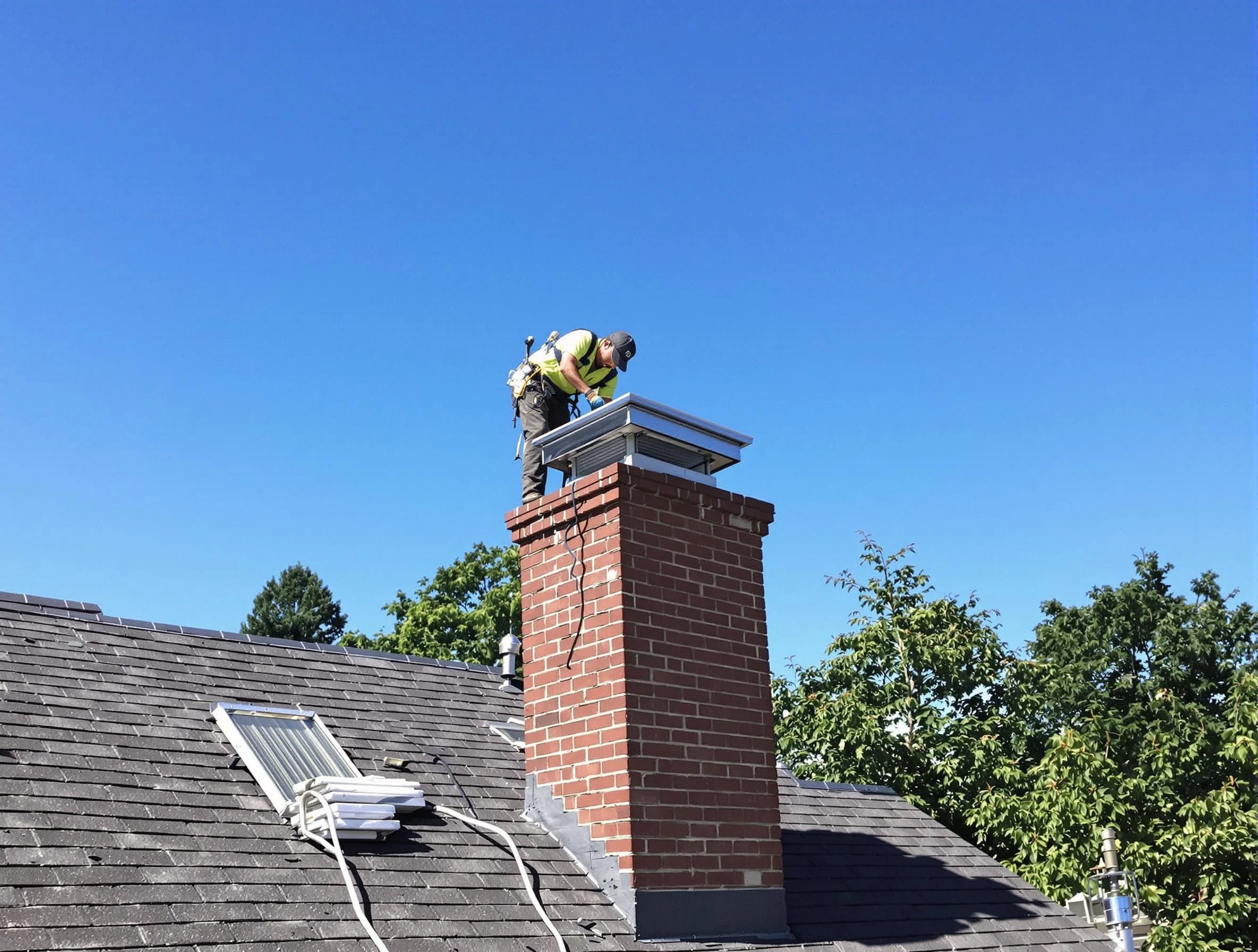 Carteret Chimney Sweep technician measuring a chimney cap in Carteret, NJ